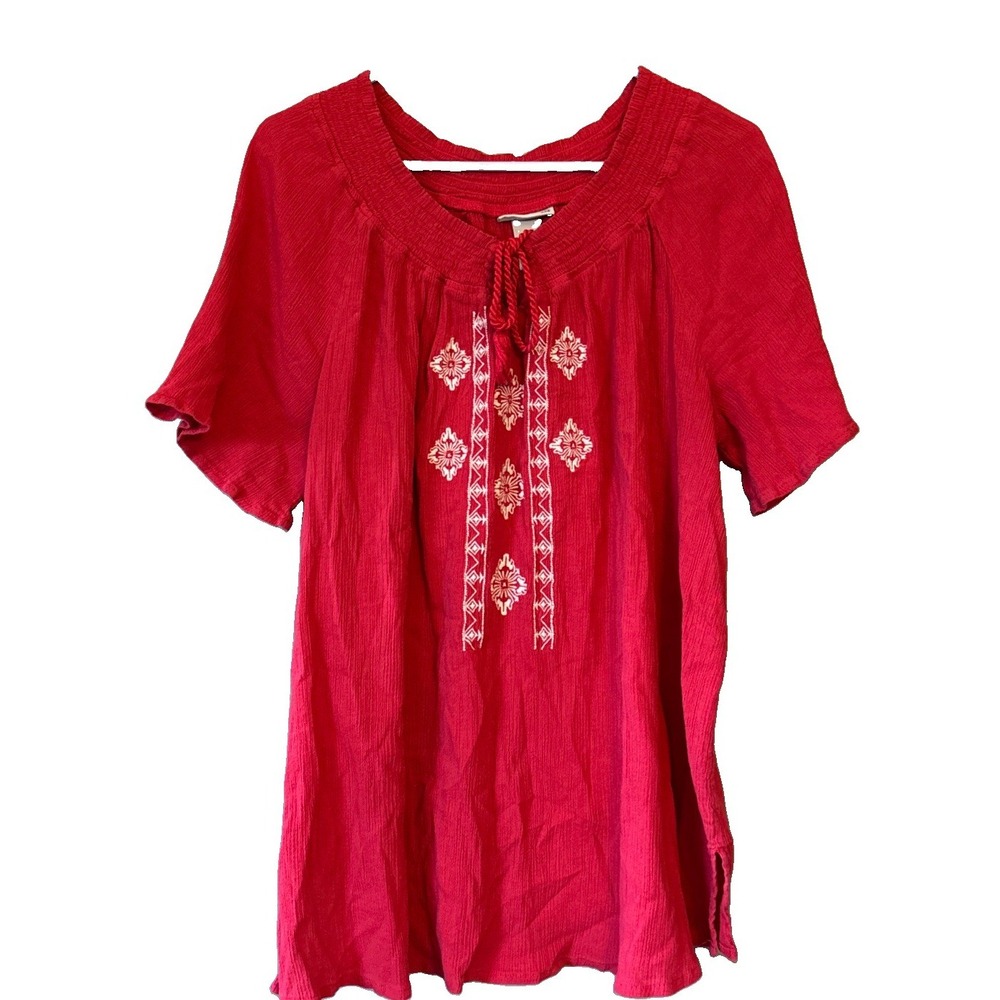 Catherine's Red Embroidered Crinkle Short Sleeve Women's 1X Boho Peasant Blouse